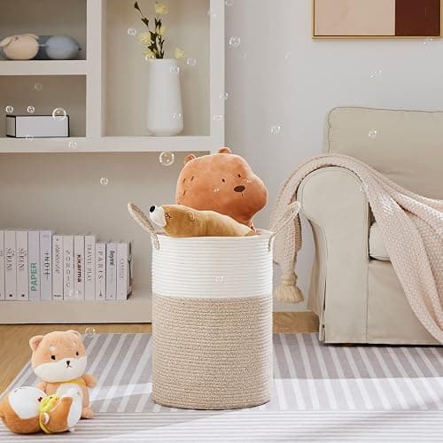 VIPOSCO Large Laundry Hamper, Tall Woven Rope Storage Basket for Blanket, Toys, Dirty Clothes in Living Room, Bathroom, Bedroom - 58L White & Brown thumbnail 3