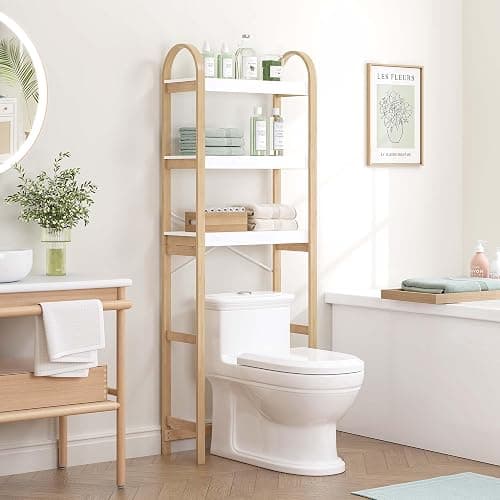 Spirich Over The Toilet Storage Shelf, 3-Tier Over Toilet Bathroom Organizer, Space-Saving Above Toilet Storage Shelf Rack with Bamboo Frame thumbnail 3