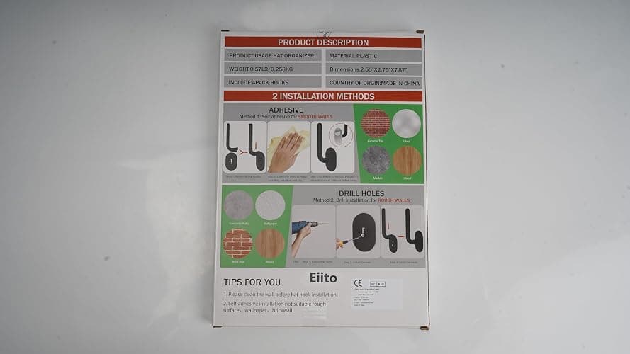 Eiito Hat Hooks for Caps Storage-4Pack,Multi-Purpose Hat Organizer,Strong Adhesive Hat Racks for Wall, Two Mounting Options RV Organization and Storage Cap Hanger(Black) thumbnail 9