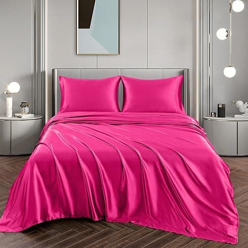 Vonty Satin Sheets Queen Size Silky Soft Satin Bed Sheets Hot Pink Sheet Set, 1 Deep Pocket Fitted Sheet + 1 Flat Sheet + 2 Pillowcases thumbnail 4