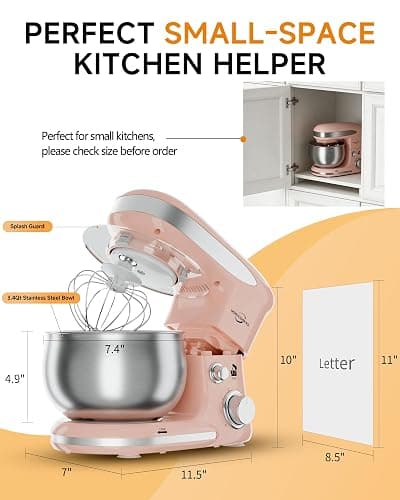Stand Mixers, 3.4QT Mixers Kitchen Electric Stand Mixer, 6+P Speed Tilt-Head Portable Household Mixers for Daily Use with Egg Whisk, Dough Hook, Flat Beater, Dough Bread Mixer for Baking (Pink) thumbnail 7