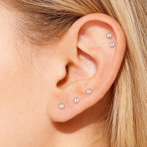 5/10 Pairs Silver Gold Stud Earrings Set, 14K Gold Plated 316L Surgical Stainless Steel Hypoallergenic Cubic Zirconia CZ Small Piercing Earring for Women Men 3 mm thumbnail 3