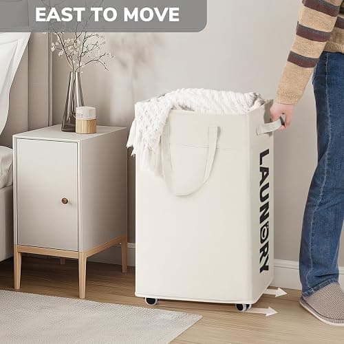Goodpick Laundry Hamper with Wheels, 75L College Dorm Room Essentials, Clothes Hamper with Removable Wash Bag for Bedroom, Large Laundry Basket with Handle, White thumbnail 5