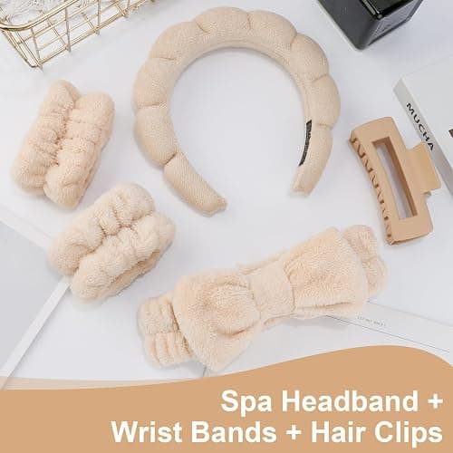 Canitor Spa Headband Wristband Set with Hair Clips Skincare Headbands for Washing Face Skin Care Puffy Makeup Headband Wrist Bands Preppy Teen Girl Gifts Cute Trendy Stuff Hair Accessories for Women thumbnail 3