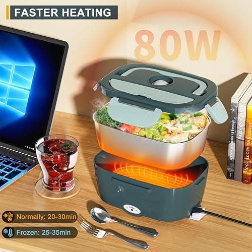 Monteka Electric Lunch Box Food Heater - Leakproof Portable Food Warmer heated lunch box for adults for Car/Home/Truck with 1.5L Removable Stainless Steel Container, White Elephant Gift, 12V/24V/110V thumbnail 4