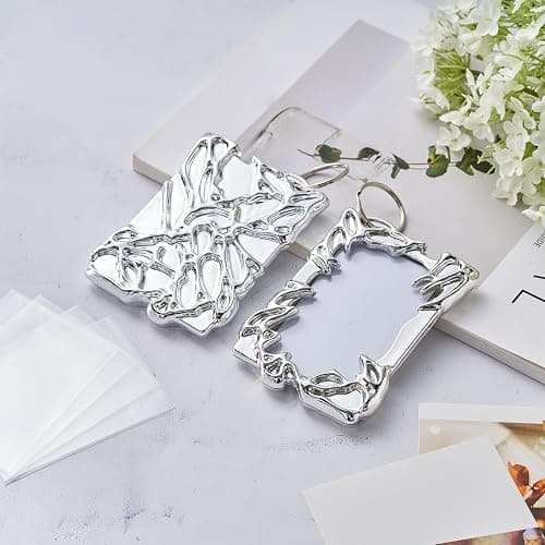 Geyoga 2 Sets Electroplate Plastics Frame Photocard Holder Keychain with 10 Pcs Photocard Sleeves Silver Plating Irregular Frame Y2K ID Badge Holder for Student Card Case Stationery Office Supplies thumbnail 2