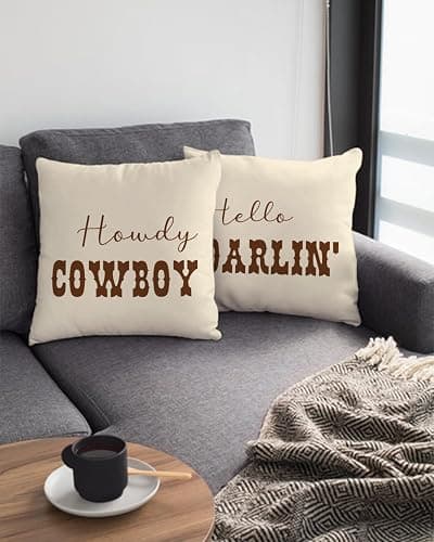 CarOptics Howdy Cowboy & Hello Darlin’ Lumbar Pillow Covers 18x18 Inch – Set of 2 Western Couple Throw Pillowcases for Rustic Farmhouse Decor, Country Gifts for Couch or Sofa (Beige) thumbnail 2