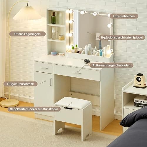 TUKAILAI Schminktisch mit LED-Beleuchtung, Frisiertisch mit 2 Schubladen und 6 offenen Fächern, Moderner Schlafzimmer Make up Schreibtisch, Kosmetiktisch mit Spiegel Einstellbarer Helligkeit thumbnail 8