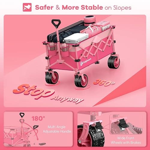 Originsure 220L Collapsible Wagon Cart Foldable, 460lbs Load Capacity Heavy Duty Folding Beach Wagons with Big All-Terrain Wheels, Utility Carts for Groceries, Camping, Sports - Pink thumbnail 8