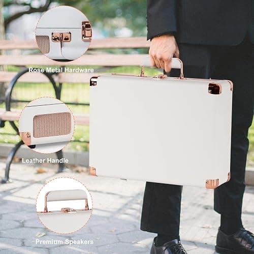 3-Speed Vinyl Record Player Turntable Portable Suitcase with Bluetooth, Rechargeable Battery, Aux/RCA/Headphone Jacks, Compact Retro Design for Vinyl Lovers thumbnail 7