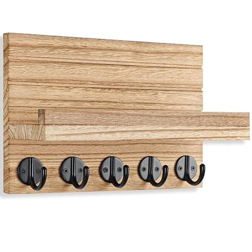 Lwenki Key Holder for Wall, Decorative Key and Mail Holder with Shelf Has Large Key Hooks for Bags, Coats – Paulownia Wood Key Hanger with Mounting Hardware (9.8”W x 6.7”H x 4.2”D) (Burnt Wood) thumbnail 3