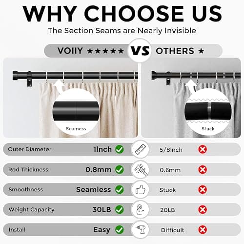 VOIIY Curtain Rods for Windows 48 to 84 Inch(4-7 Feet),Black 1'' Diameter Drapery Rods with End Cap Style Design,Modern Adjustable Heavy Duty Curtain Rod,Size:36''-88'' thumbnail 4