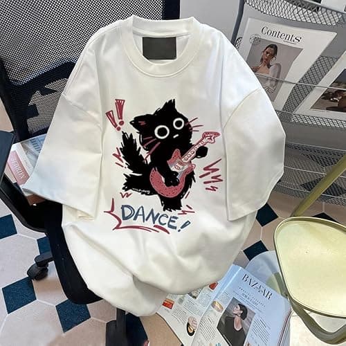 Women Vintage T-Shirt Y2K Cat Graphic Harajuku Tee Tops Summer Emo Grunge Oversized Streetwear Preppy Gothtic Clothes - Grey - Large thumbnail 4