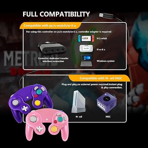 FIOTOK Gamecube Controller, Classic Wired Controller for Wii Nintendo Gamecube (Pink & Purple-2Pack) thumbnail 3