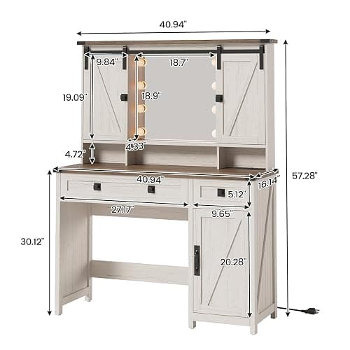 AOGLLATI Makeup Vanity with Lights & Barn Doors, Vanity Desk with Mirror and Lights & Charging Station, Farmhouse White Vanity Table with Jewelry Hooks and Open Storage Shelves thumbnail 2