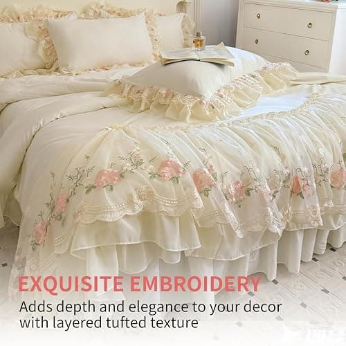 T-stage French Chic Bedding Set 4-Piece - Romantic Lace Trim Washed Cotton, Duvet Cover with Bed Skirt & Pillowcases for Queen Bed, Princess Style (Comforter Not Included) (Milky White,Full) thumbnail 3
