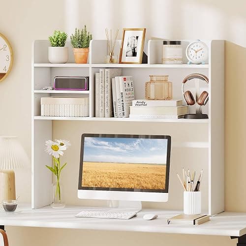 Tangkula Desktop Bookshelf for Computer Up to 32”, 37” Countertop Storage Hutch with 6 Storage Shelves, 3-Tier Desktop Organizer Display Rack, Wooden Desk Hutch for Dorm Home Office (White) thumbnail 3