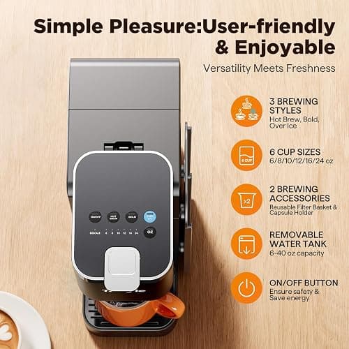 Tastyle Hot & Iced Coffee Maker with Magnetic K-Pod Holder, Fits 7.3'' Mug | Stores 10 Pods, for K Cup & Grounds, Compact for Home, Office & RV, Brew 6-24oz Coffee, 40 oz Removable Tank, K330CH, Black thumbnail 3