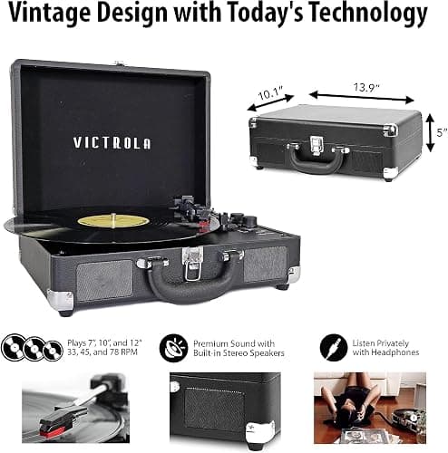 Victrola Vintage 3-Speed Bluetooth Portable Suitcase Record Player with Built-in Speakers | Upgraded Turntable Audio Sound| Includes Extra Stylus | Turquoise, Model Number: VSC-550BT-TQ - Turquoise thumbnail 5