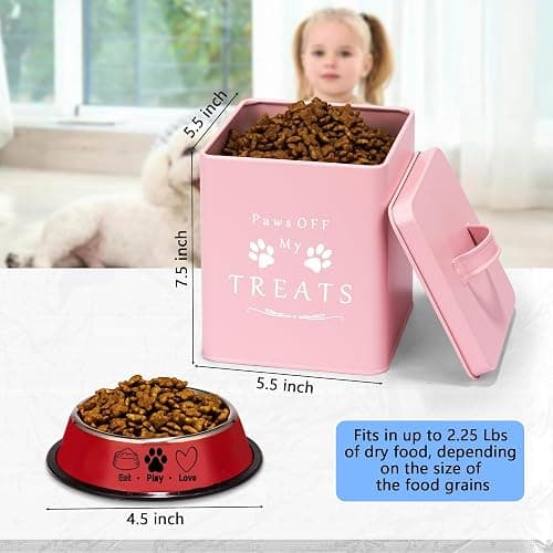 Meraki Home Small Dog Food Container and Dog Treats Container - Tight Lids - Feed Scoop and Pet Food Bowl - Farmhouse Metal Storage Bin - Matte Pink thumbnail 4