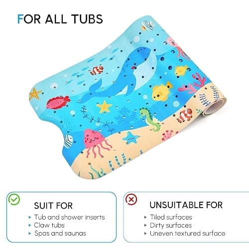Vannokor Baby Bath Mat for Tub Non Slip Kids, 40 X 16 Inch Extra Long Bathtub Mat with Drain Holes and Suction Cups, Anti Slip Shower Mat Machine Washable, Whale thumbnail 8