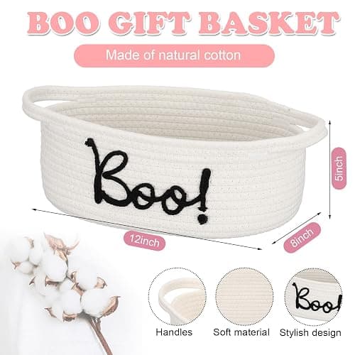 Reallnaive Halloween Boo Woven Basket Cute Storage Spooky Basket with Handle Boo Woven Trick or Treat Gift Organizer for Halloween Party Favors and Decorations Women Men(White,12 x 8 Inch) thumbnail 3