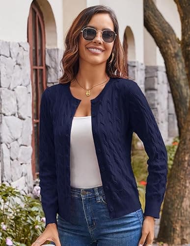 GRACE KARIN Womens Long Sleeve Button Up Cable Knit Cardigan Lightweight 2025 Crewneck Button Down Sweaters for Women thumbnail 3