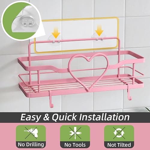 FLCITY Pink Shower Caddy with 4 Removable Hooks, 2 Pack Sweet Heart Shower Shelves,No Drilling Adhesive Organizer Shelf for Bathroom Shower,Kitchen,Bedroom thumbnail 6