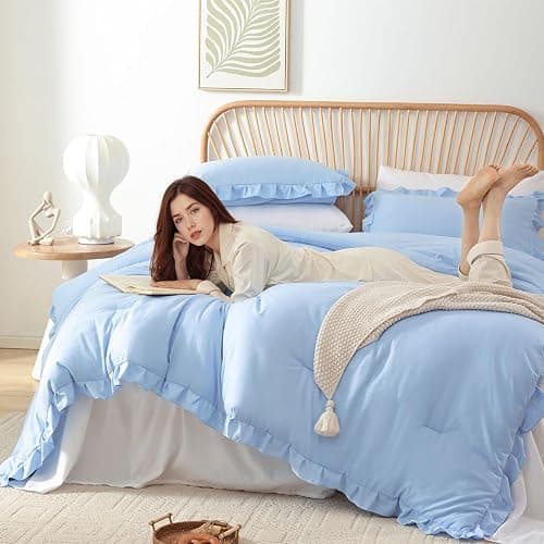 JANZAA Ruffle Light Blue Comforter Set Queen Size Comforter 3PCS 1 Emerald Comforter and 2 Pillowcases Vintage Farmhouse Shabby Chic Bedding Soft Fluffy Comforter Set All Season (Light Blue, Queen) thumbnail 2