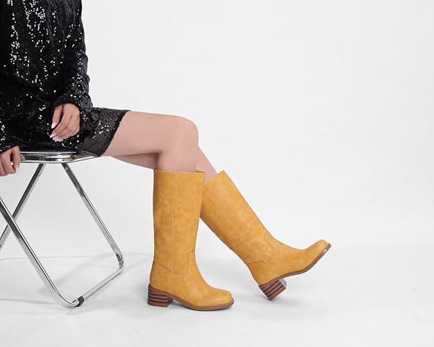 JOKACEAR Women's Knee High Boots Square Toe Chunky Block Heel Long Boots for Women Comfortable Slip on Low Heel Womens Riding Boot. thumbnail 4