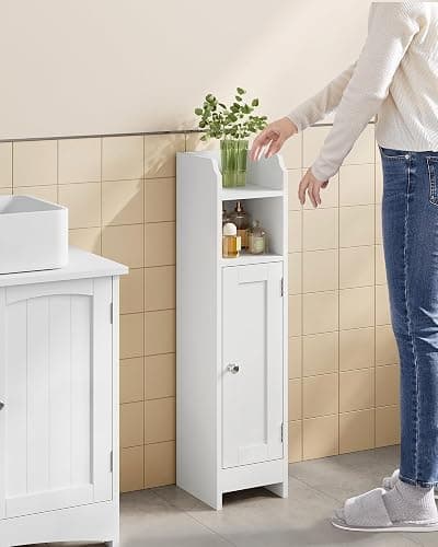 VASAGLE Meuble de Salle de Bain, Armoire d’Angle avec Porte et Étagères, Organisateur de Rangement, Meuble Étroit pour Papier Toilette, Étagères Réglables, 20 x 18 x 80 cm, Blanc Nuage BBC310W01 thumbnail 8
