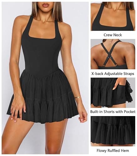 Hragc Women's Tennis Flowy Pleated Ruffle Athletic Dress for Women Halter Neck Sleeveless Mini Golf Dress with Shorts Pocket thumbnail 4