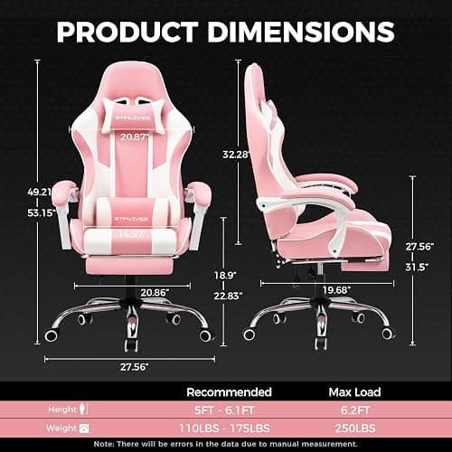 GTPLAYER Gaming Chair, Computer Chair with Footrest and Lumbar Support, Height Adjustable Game Chair with 360°-Swivel Seat and Headrest and for Office or Gaming (Faux Leather, Pink) thumbnail 3