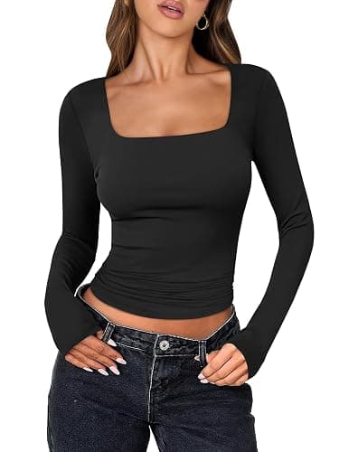 ANRABESS Women Double Lined Long Sleeve Crop Tops Shirts Square Neck Tight Fitted Going Out T-Shirt Basic Tee Outfits 2025 - Image 1