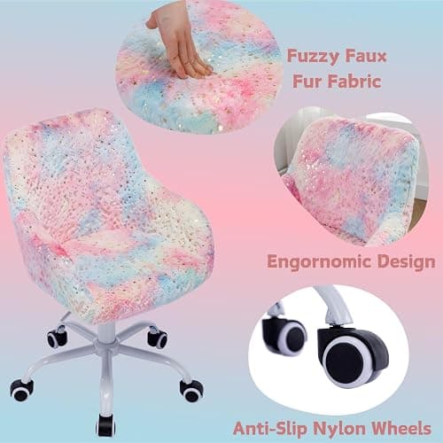 LukeAlon Kids Adjustable Desk Chair, Furry Study Chair with Swivel Base Cute Faux Fur Reading Chair Comfy Upholstered Computer Chair with Arms for Girls Children, Light Colorful thumbnail 5