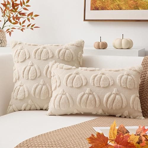 Kevin Textile Pumpkin Fall Throw Pillow Covers 18x18 Inch Set of 2 Luxury Soft Halloween Decorative Lumbar Pillowcases for Harvest Holiday Soft Couch, Beige thumbnail 4