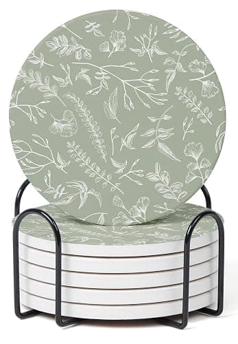 Hoomey Set of 6 Floral Sage Green Coasters with Holder, Absorbent Ceramic Drink Coasters with Cork Backing for Table Protection, Coffee Table Décor - Image 1