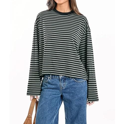 KOSUSANILL Women Oversized Striped Long Sleeve Shirt Crewneck Cropped Tops Drop Shoulder Y2K Preppy Sweatshirt Fall Clothes thumbnail 6