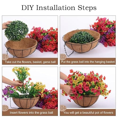 Hananona 2 Set Artificial Outdoor Flowers with Hanging Basket, 2 Hanging Planters with 24 Pcs Flowers for Spring Summer Front Porch Garden Patio Home Decor (2, Red, Purple, Yellow, Rose Red) thumbnail 7