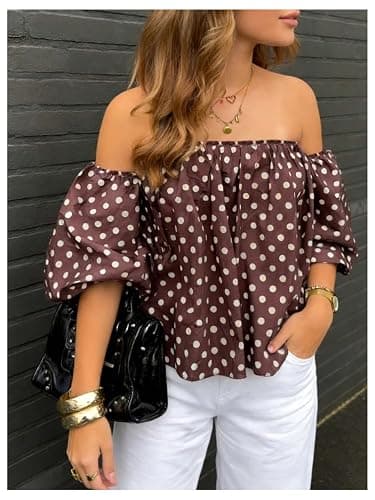 Verdusa Women's Polka Dots Off The Shoulder Blouses Puff Sleeve Tops Summer Brunch Outfits thumbnail 3