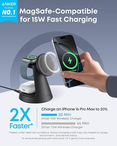 Anker MagSafe Charger Compatible, MagGo 3-in-1 Charging Station, Nano Charging Stand, Qi2 Certified 15W Magnetic Wireless Charger Dock, for iPhone17/16/15/14, Apple Watch,AirPods (Adapter Included) thumbnail 2