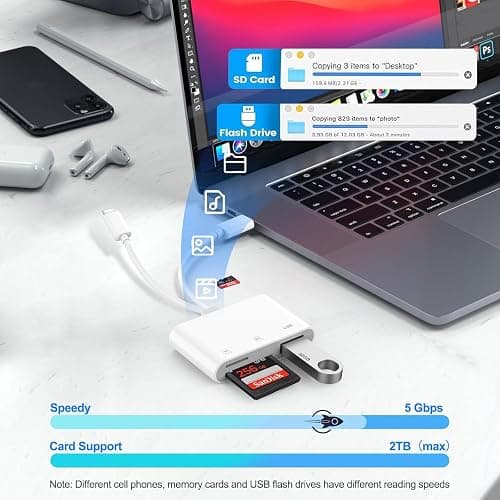 SD Card Reader for iPhone, iPad, USB C Lightning Dual Port SD Card Adapter, Memory Card Reader for Camera Adapter, Support SD, Micro SD, No App Required, Plug and Play thumbnail 4