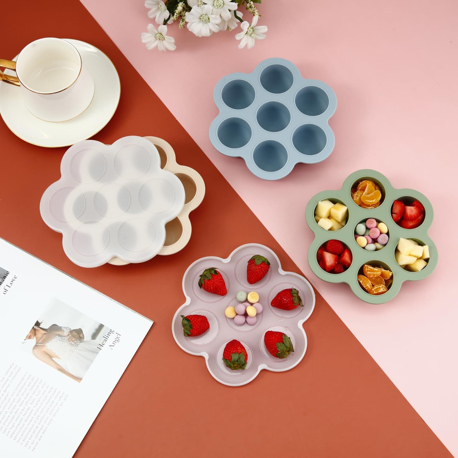 PandaEar 3 Pack Baby Food Freezer Tray with Lids, Silicone Baby Fruit Food Feeder Teether Tray, Baby Food Storage Container Ice Cube Tray Maker for Homemade Baby Food (Blue/Green/Carnation) thumbnail 3
