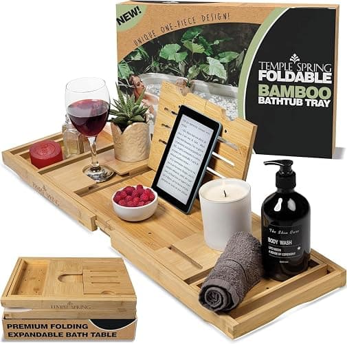 Temple Spring Foldable Bamboo Bathtub Tray Caddy for Tub — Expandable One-Piece Wood Bath Table with Wine Holder Book Stand and Non-Slip Pads — Space-Saving Bath Caddy — Housewarming - Image 1