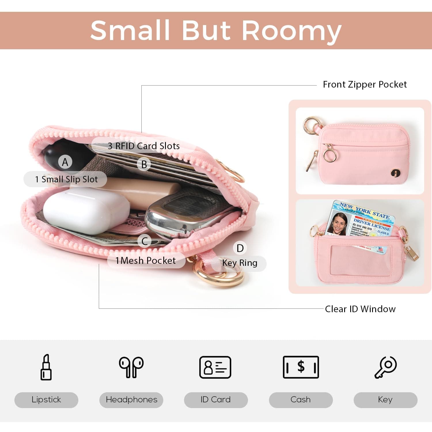 Llavero de doble bolsa para mujer con 2 monederos desmontables con cierre – portafolios pequeña y portátil para mujeres y hombres, Rosado, portafolios pequeña thumbnail 3