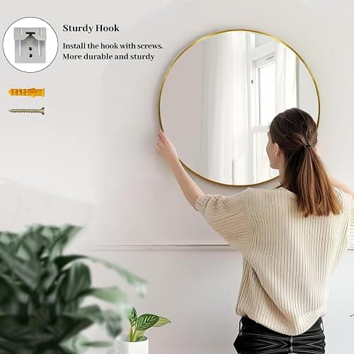 Sunniry Gold Round Mirror, 24 inch Circle Mirror, Gold Brushed Metal Frame Bathroom Mirrors, Round Wall Mounted Mirrors for Bathroom, Hallway, Living Room, Bedroom. thumbnail 5