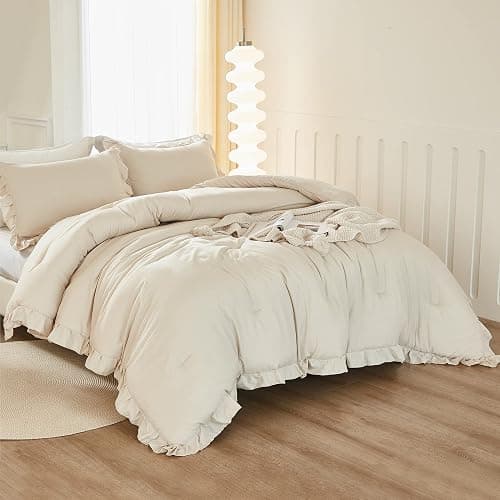 Litanika Queen Comforter Set Beige, 3 Pieces Ruffle Lightweight Bedding Comforter Set, Fluffy Bed Set (90x90In Comforter, 2 Pillowcases) thumbnail 4