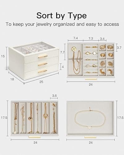 VLANDO Jewelry Box for Women, Glass Lid Jewelry Organizer with 3 Drawers for Necklaces Rings Earrings Bracelets Mother Day Gift for Mom - Cloud White thumbnail 2