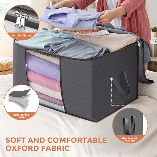 90 L Large Storage Bags, 6 Pack Clothes Storage Bins Foldable Closet Organizers Storage Containers with Reinforced Handle for Clothing, Blanket, Comforters, Bed Sheets, Pillows and Toys (Gray) thumbnail 5
