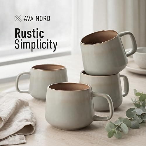 Ava Nord Large Ceramic Coffee Mugs Set of 4 | 470 ml Stoneware Coffee Cups | Lead-Free, Non-Toxic | Microwave and Dishwasher Safe | Comfortable Handle | Nordic Design for Tea, Cocoa, Latte | Sage Ash thumbnail 8